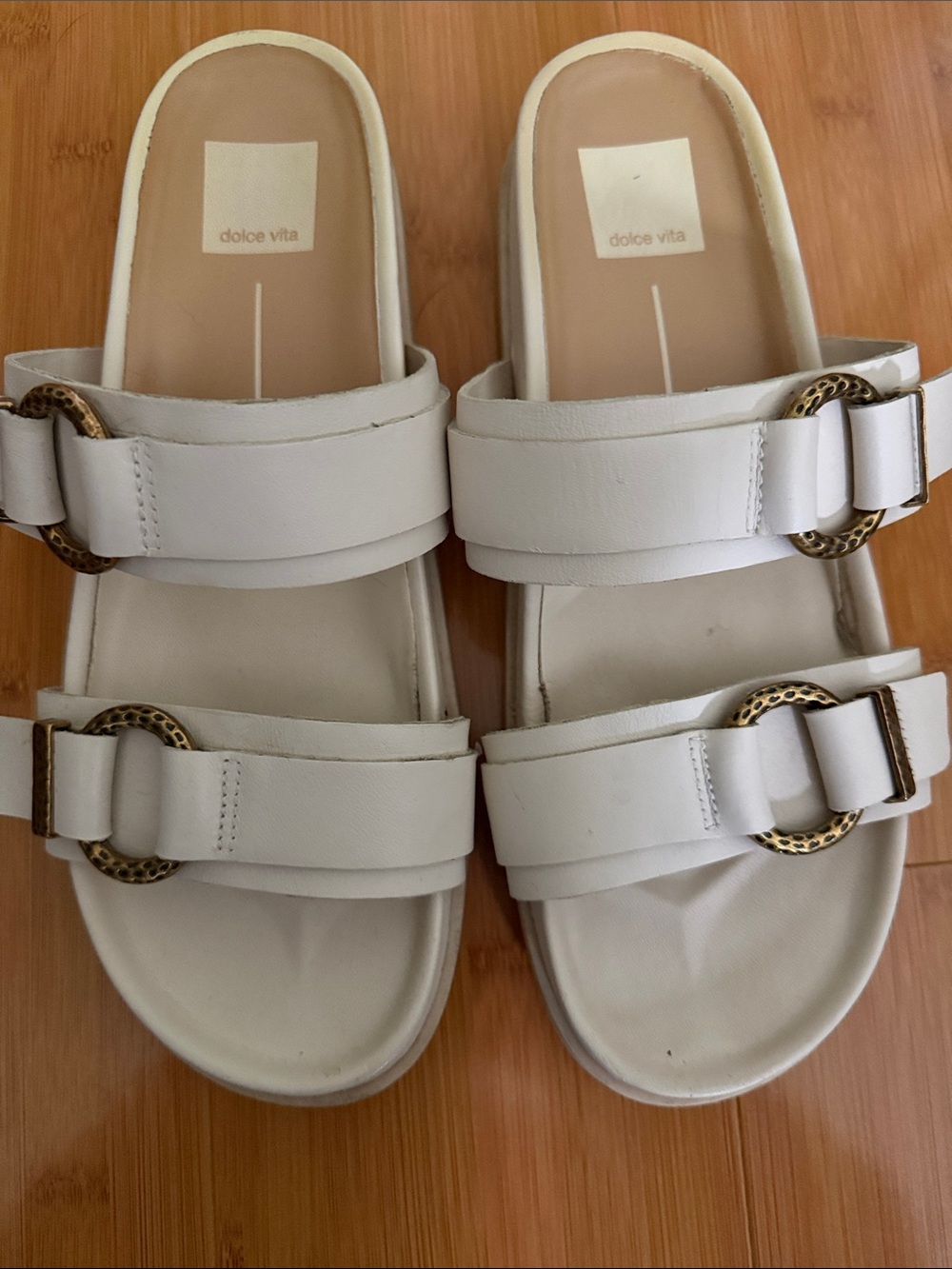 Dolce Vita White Double-Strap Slide Sandals with Antiqued Gold Buckles